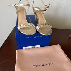 Stuart Weitzman Metallic Gold Braided Strap Stiletto Sandals